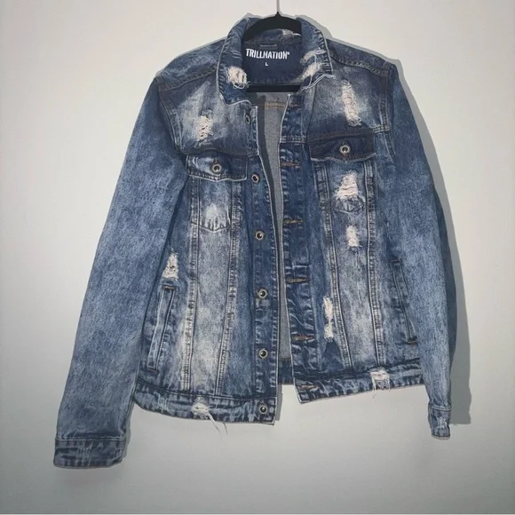 TrillNation Blue Distressed / Thrashed Denim Jean Jacket Size L - Picture 2 of 10